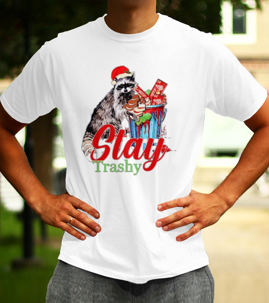 Stay Trashy Christmas Raccoon Xmas Lover With Santa Hat T-Shirt
