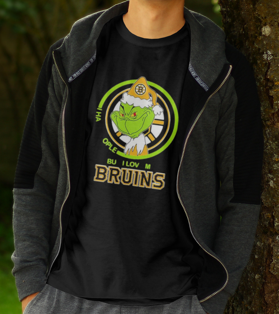 The Grinch Santa Boston Bruins I Hate People But Love My Hockey Team T-Shirt