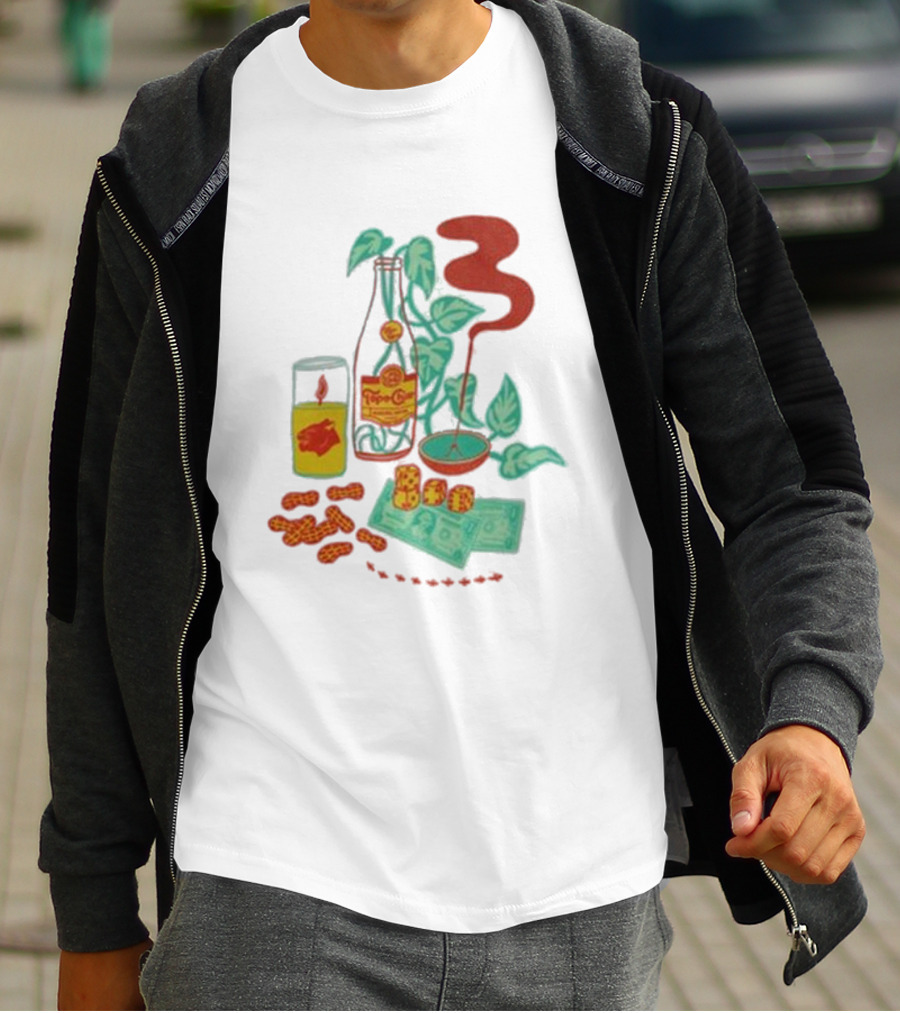Quarenscene Natural Topo Chico Bottle With Dice, Peanuts, Dollar Bills, Glass, And Smoking Pipe Scene T-Shirt