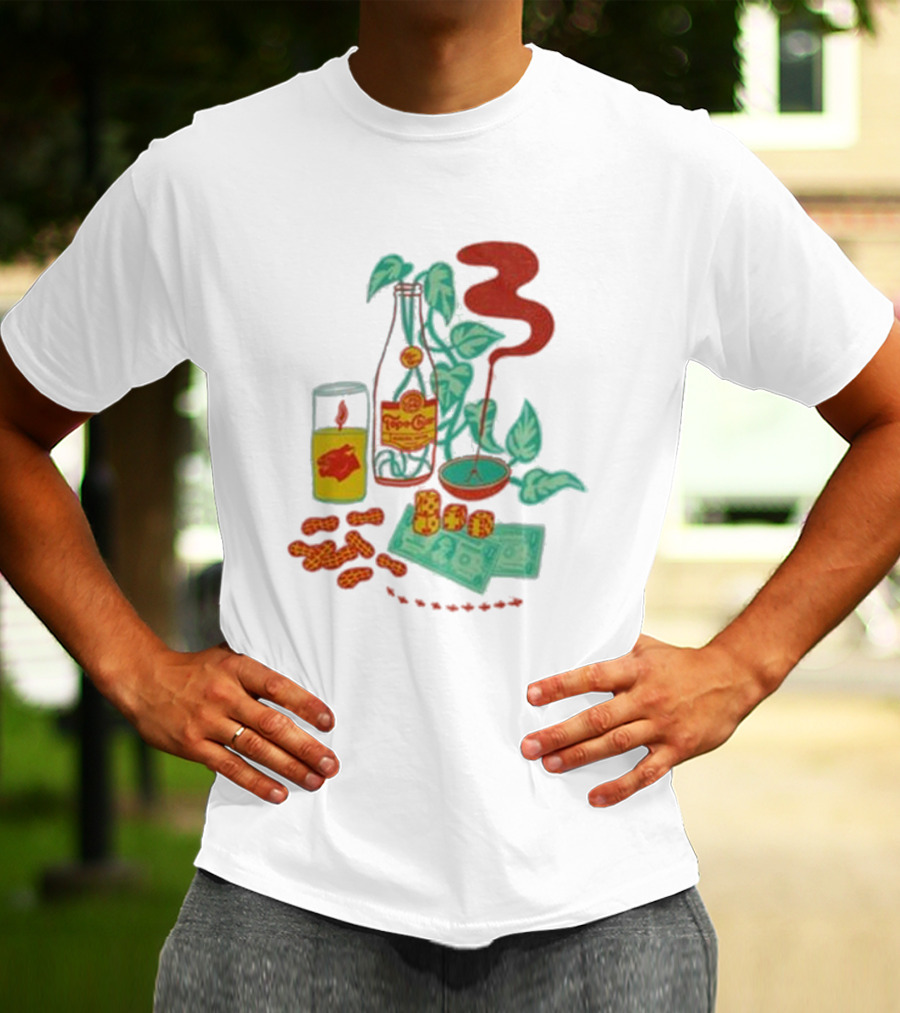 Quarenscene Natural Topo Chico Bottle With Dice, Peanuts, Dollar Bills, Glass, And Smoking Pipe Scene T-Shirt