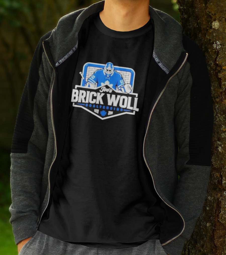 Joe's Brick Woll Goaltending Hockey Maple Leafs 60 Blue Goalie Blocking Net T-Shirt