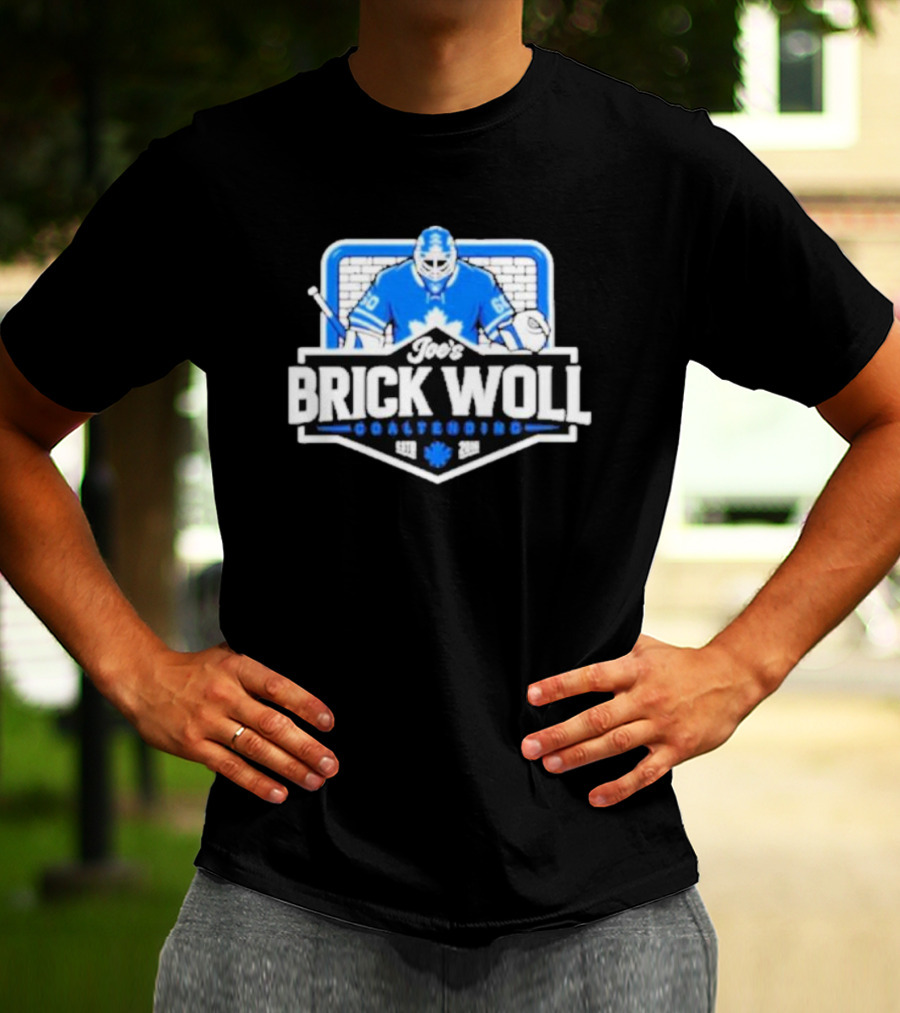 Joe's Brick Woll Goaltending Hockey Maple Leafs 60 Blue Goalie Blocking Net T-Shirt