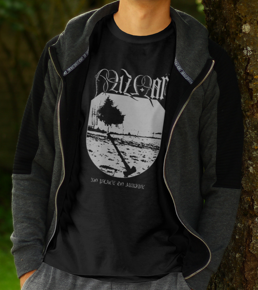 Mizmor No Place To Arriwe Black Metal Shield And Forest Scene T-Shirt