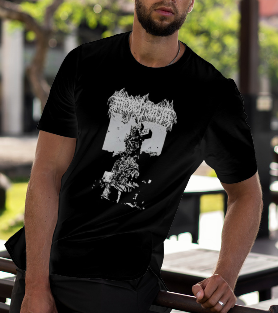 Mortiferum Burial Stone Cross Death Metal Band Logo With Gothic Cemetery T-Shirt