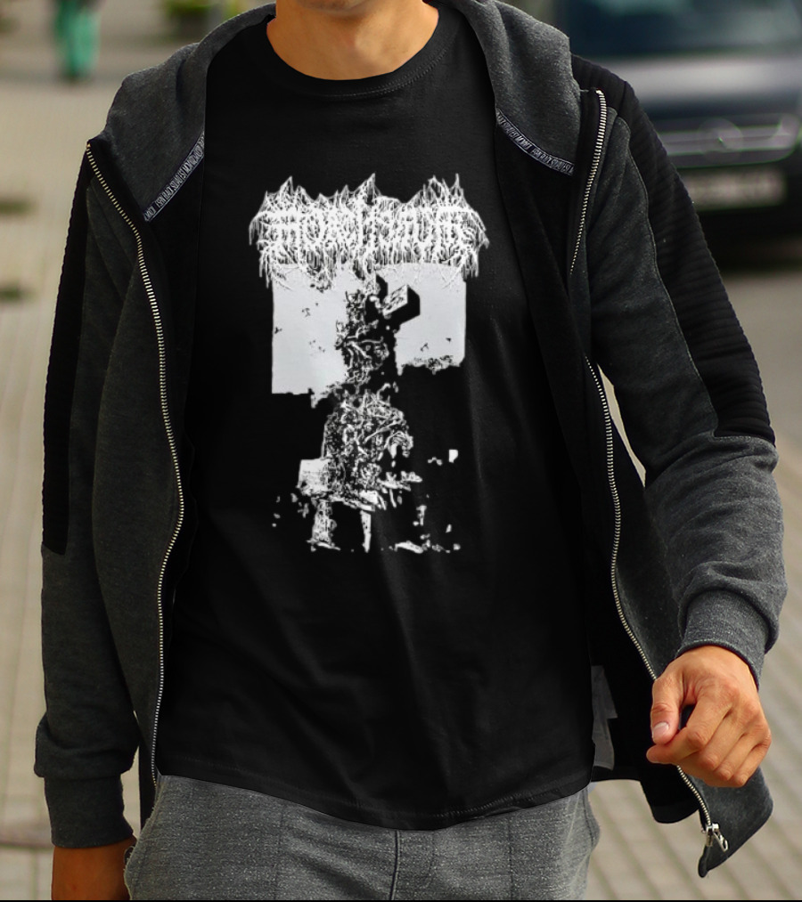 Mortiferum Burial Stone Cross Death Metal Band Logo With Gothic Cemetery T-Shirt