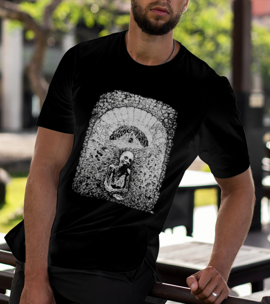 Mortiferum Cave Dweller Skeleton In Gothic Archway T-Shirt
