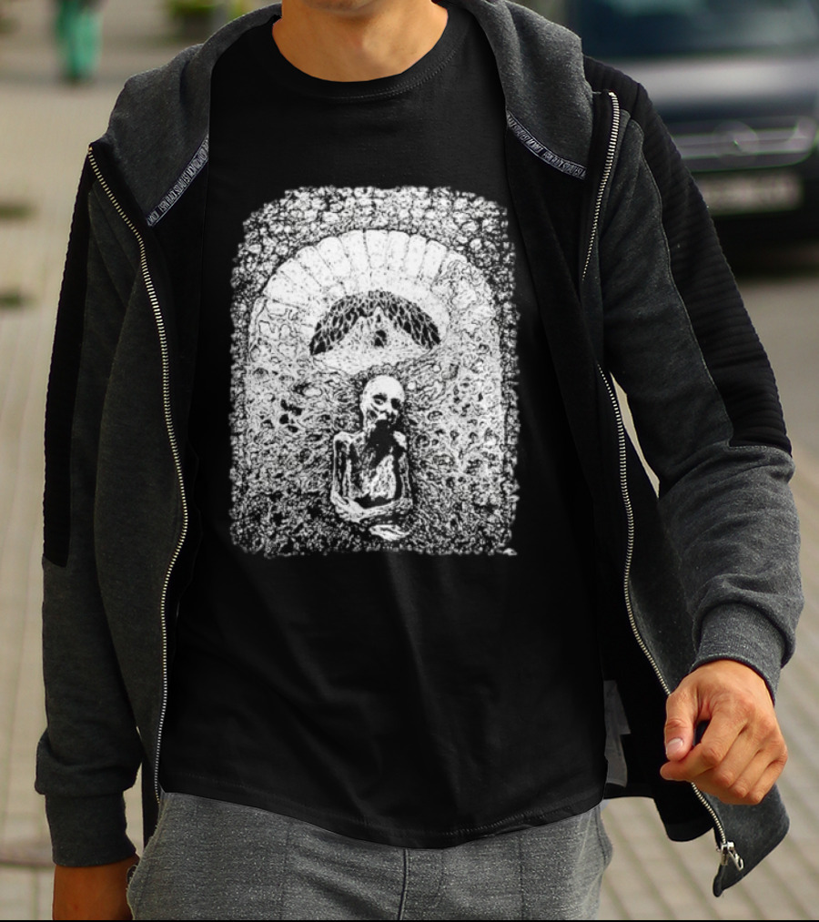 Mortiferum Cave Dweller Skeleton In Gothic Archway T-Shirt