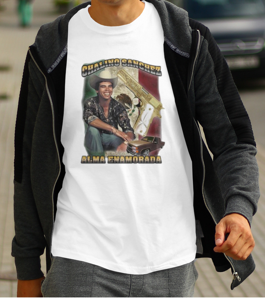 Chalino Sanchez Alma Enamorada Mexican Flag Gold Gun Pickup Truck T-Shirt