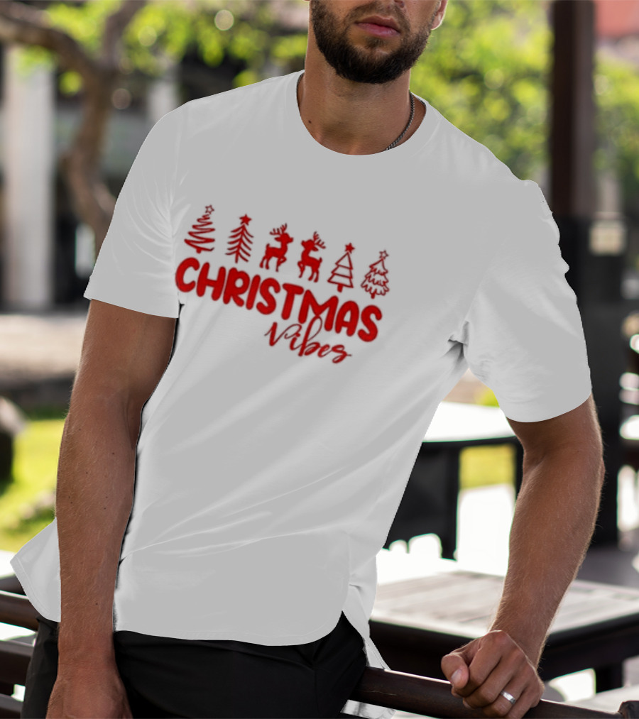 Christmas Vibes Festive Trees And Reindeer T-Shirt