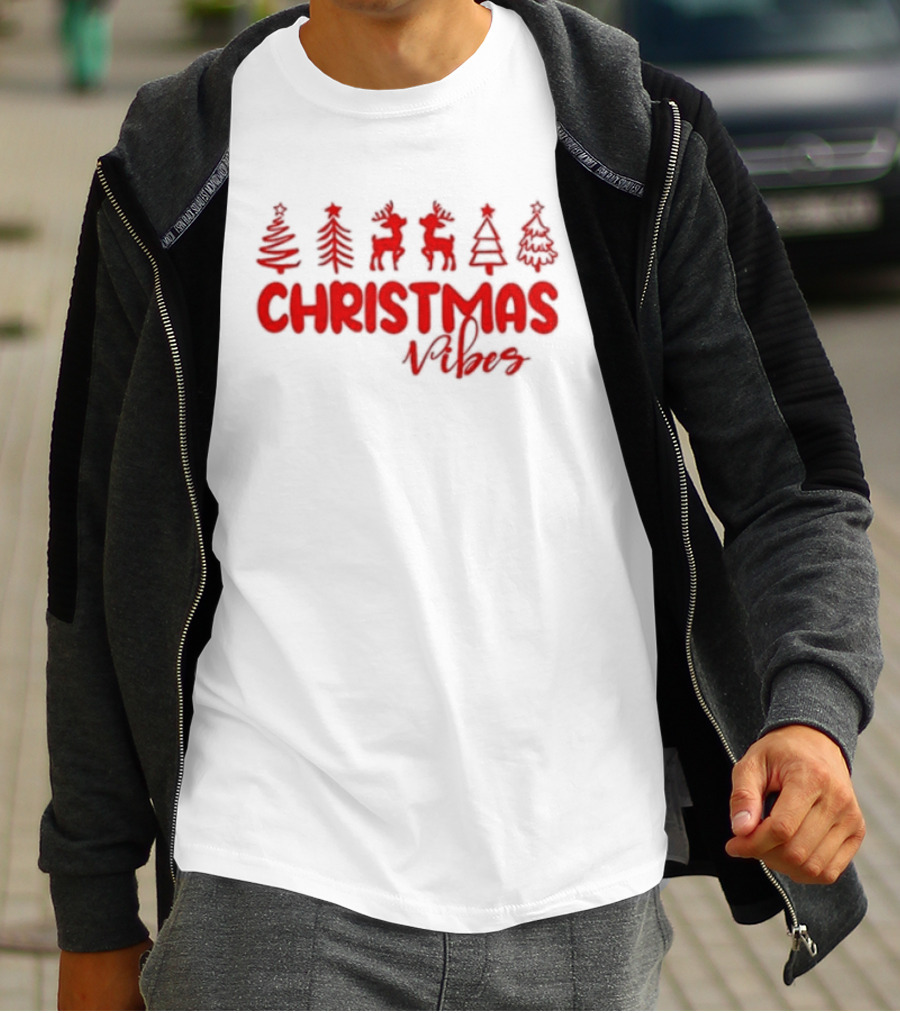 Christmas Vibes Festive Trees And Reindeer T-Shirt