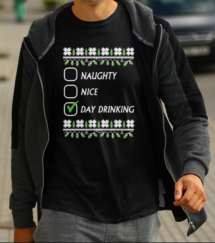 Naughty Nice Day Drinking Christmas Floral Checklist T-Shirt
