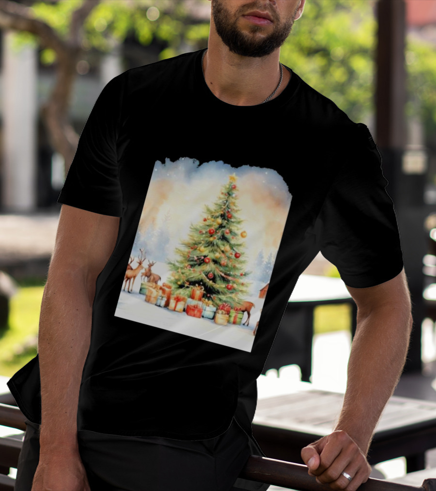 Watercolor Christmas Tree With Reindeer And Presents Scene T-Shirt