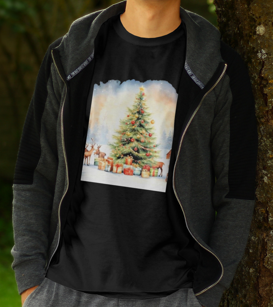 Watercolor Christmas Tree With Reindeer And Presents Scene T-Shirt