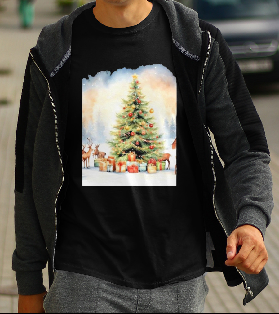Watercolor Christmas Tree With Reindeer And Presents Scene T-Shirt
