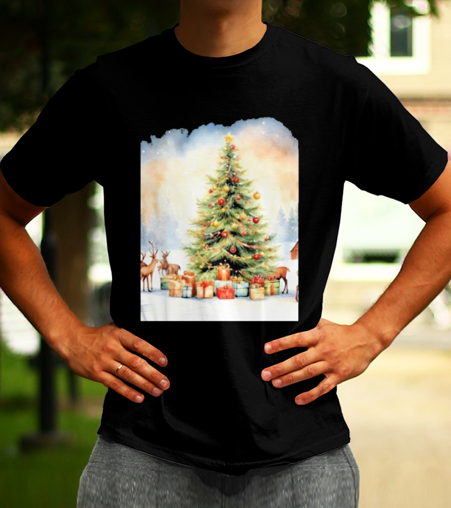 Watercolor Christmas Tree With Reindeer And Presents Scene T-Shirt