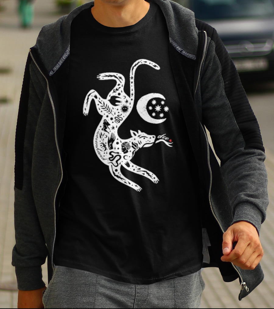 Wovenhand Alchemist Wolf With Stars And Crescent Moon T-Shirt