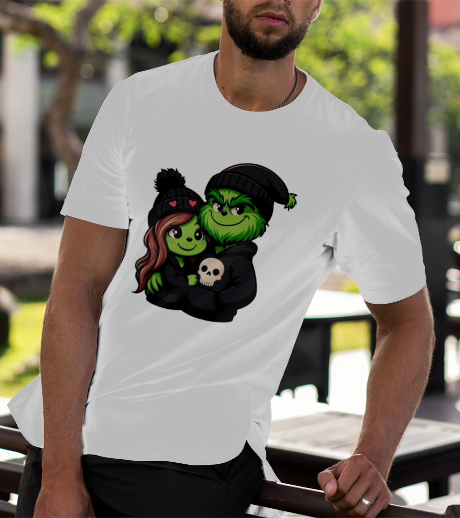 Cute Grinch And Girlfriend In Black Beanies With Skull Hoodie And Heart Details T-Shirt
