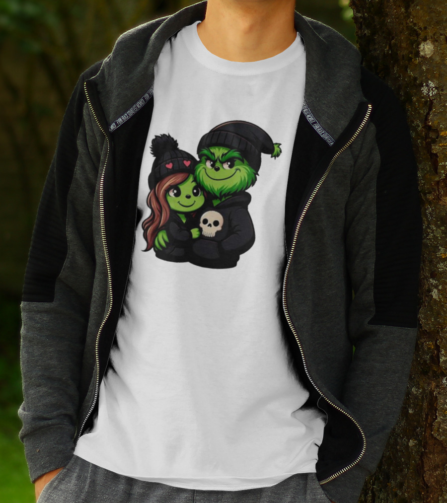 Cute Grinch And Girlfriend In Black Beanies With Skull Hoodie And Heart Details T-Shirt
