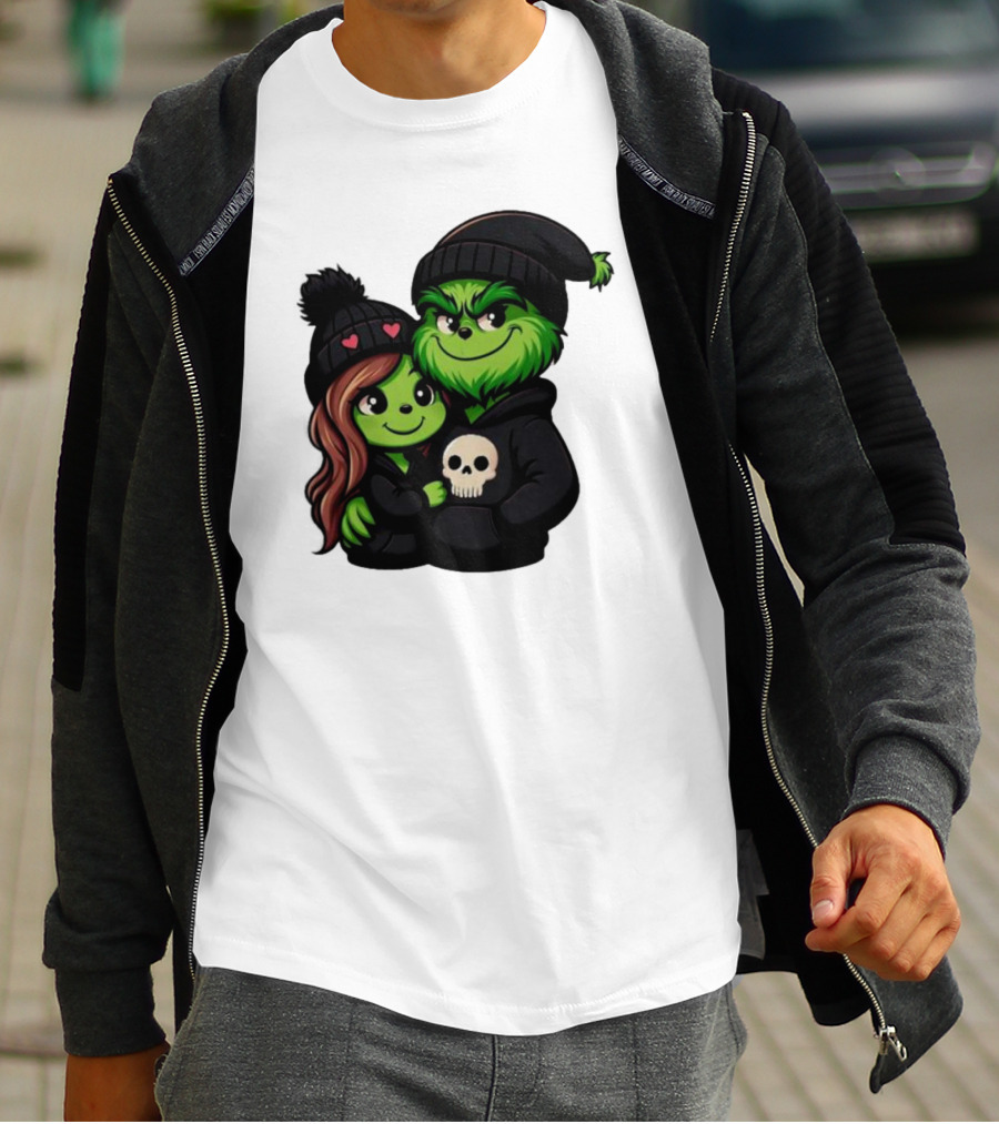 Cute Grinch And Girlfriend In Black Beanies With Skull Hoodie And Heart Details T-Shirt