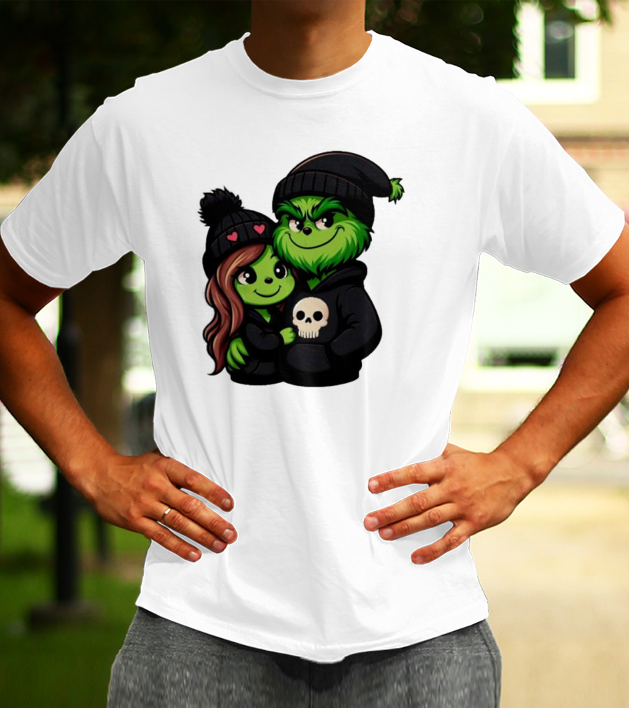 Cute Grinch And Girlfriend In Black Beanies With Skull Hoodie And Heart Details T-Shirt