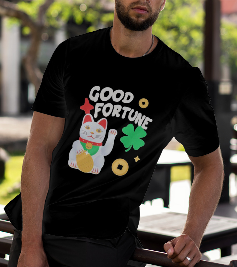 Good Fortune Cat With Clover And Coins T-Shirt