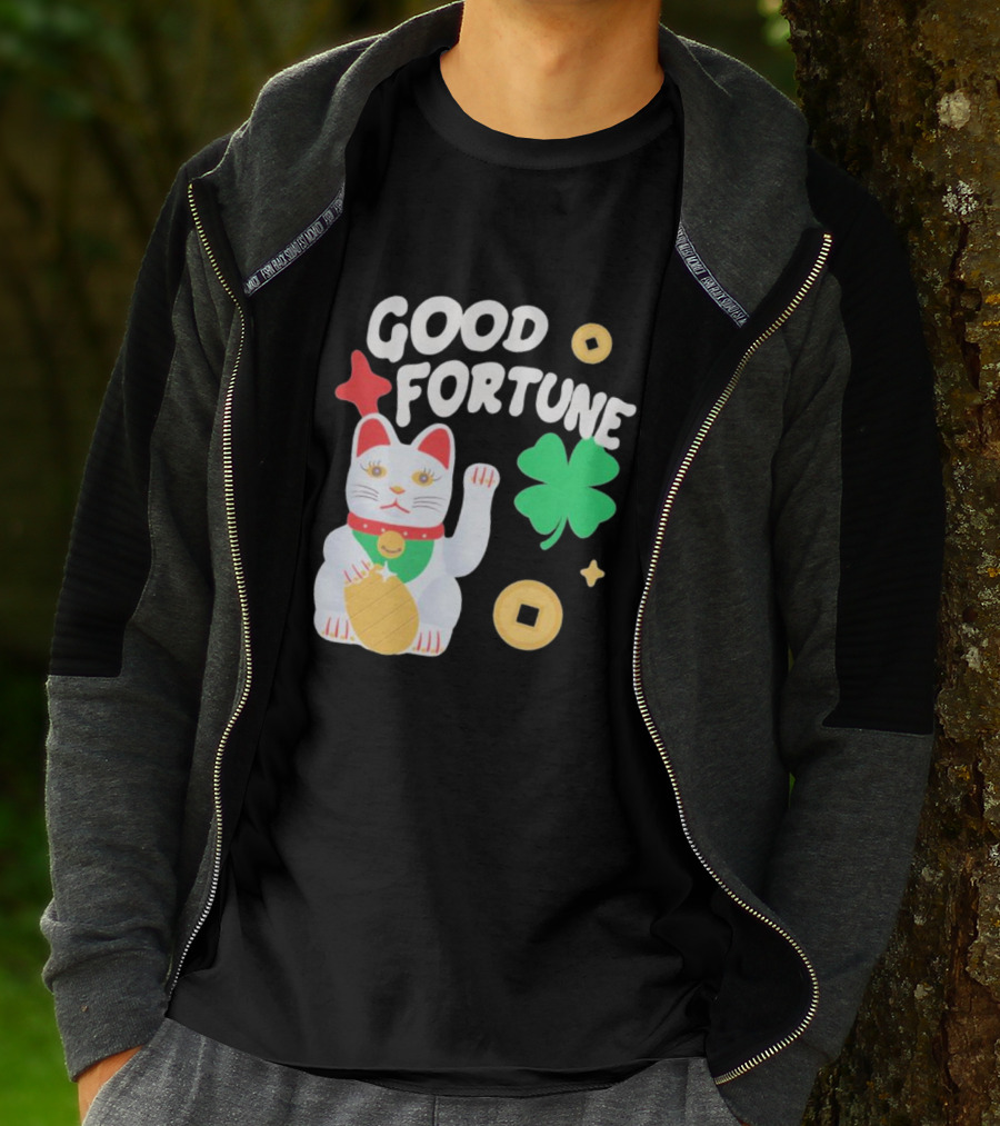 Good Fortune Cat With Clover And Coins T-Shirt