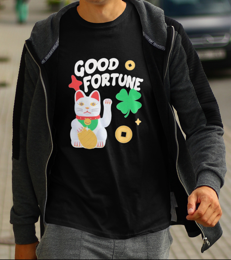 Good Fortune Cat With Clover And Coins T-Shirt
