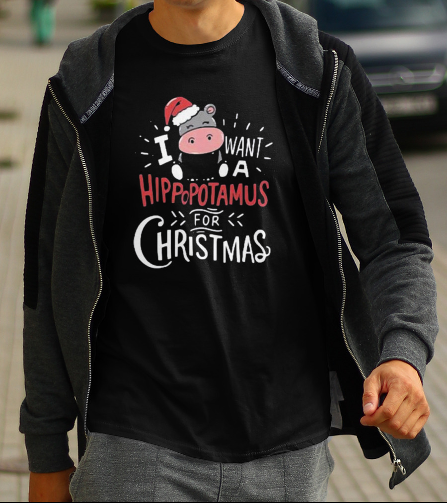 I Want A Hippopotamus For Christmas Santa Hat Cute Xmas T-Shirt