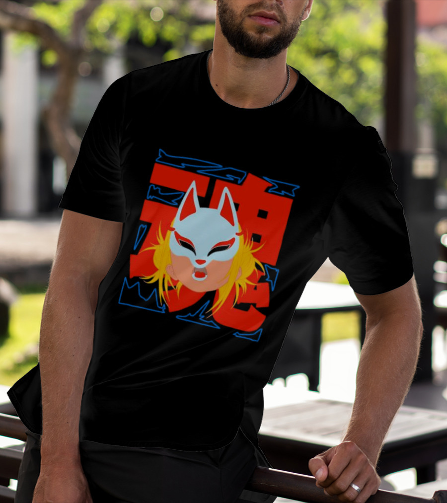 Kitsune Catori Mask With Red Kanji And Blond Hair T-Shirt