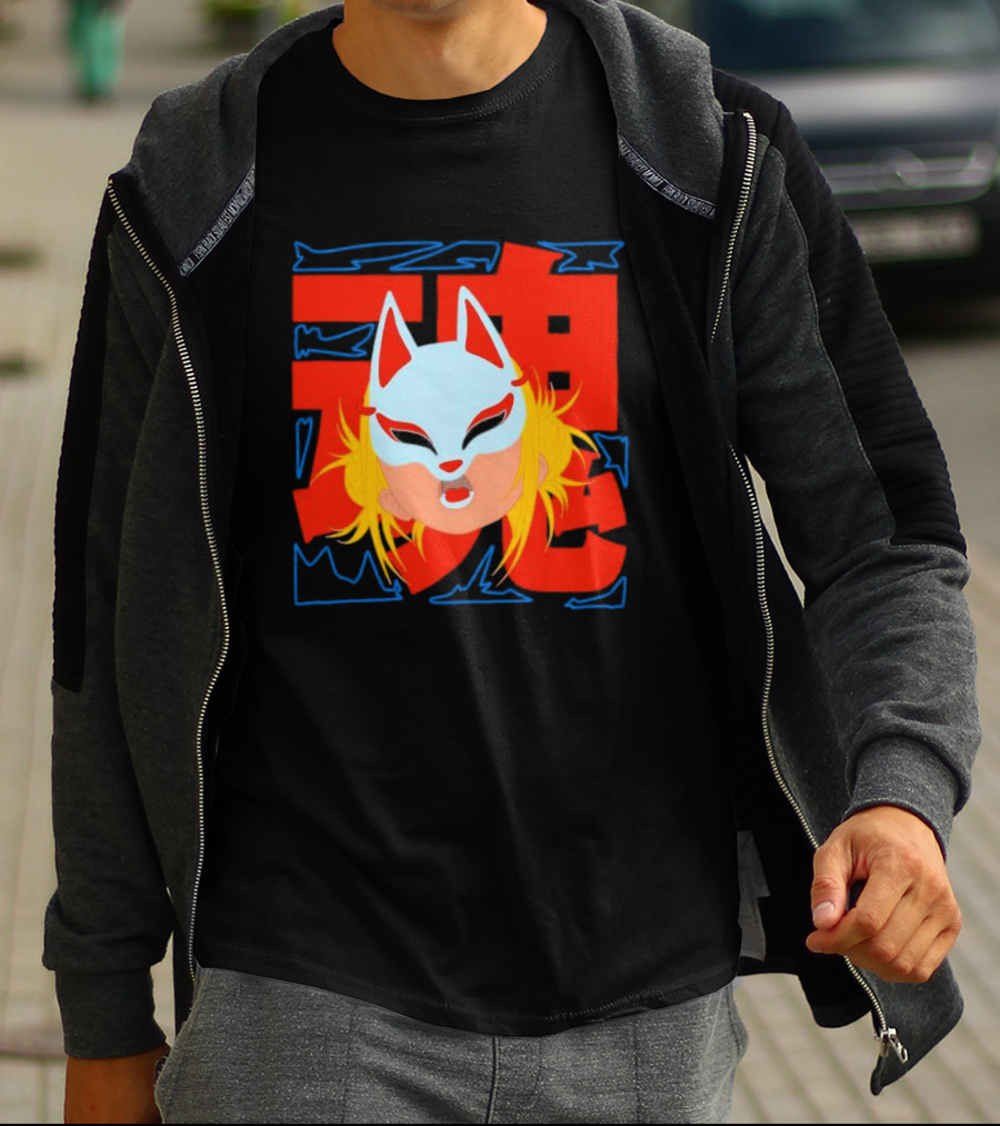 Kitsune Catori Mask With Red Kanji And Blond Hair T-Shirt
