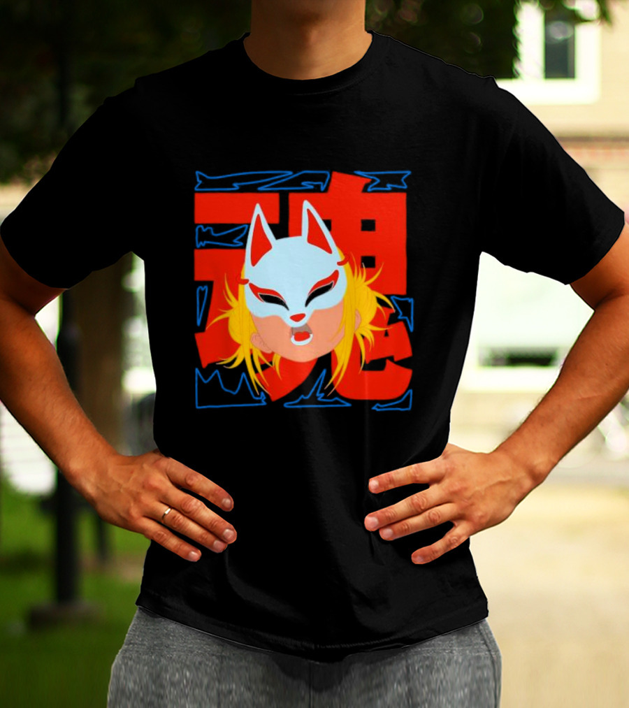 Kitsune Catori Mask With Red Kanji And Blond Hair T-Shirt