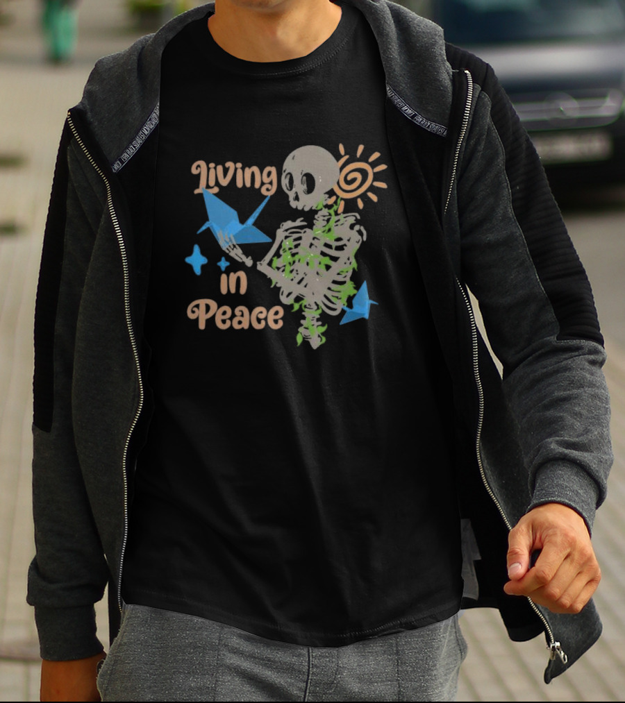 Living In Peace Skeleton Sun Origami Birds T-Shirt
