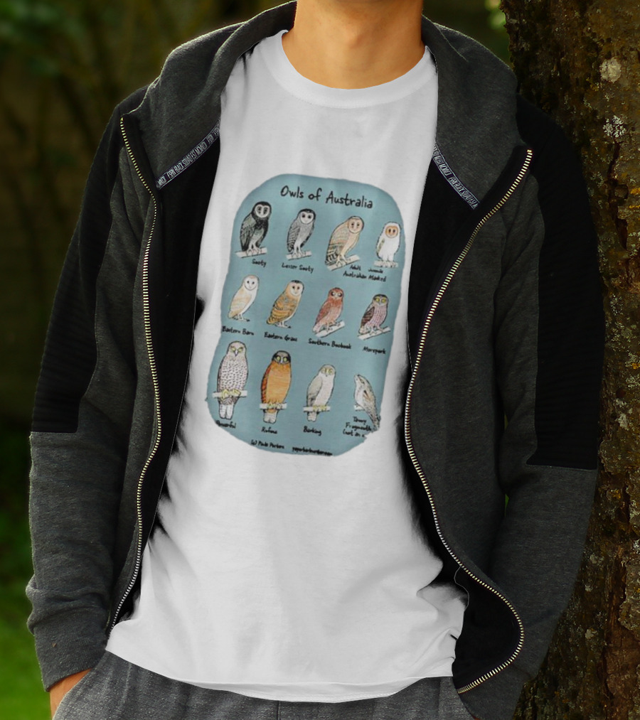Owls Of Australia Illustrated Guide Featuring Sooty Lesser Sooty Australian Masked Eastern Barn Eastern Grass Southern Boobook Powerful Rufous Barking Barn Owl By Pete Pascoe T-Shirt