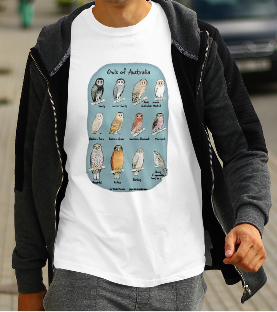 Owls Of Australia Illustrated Guide Featuring Sooty Lesser Sooty Australian Masked Eastern Barn Eastern Grass Southern Boobook Powerful Rufous Barking Barn Owl By Pete Pascoe T-Shirt