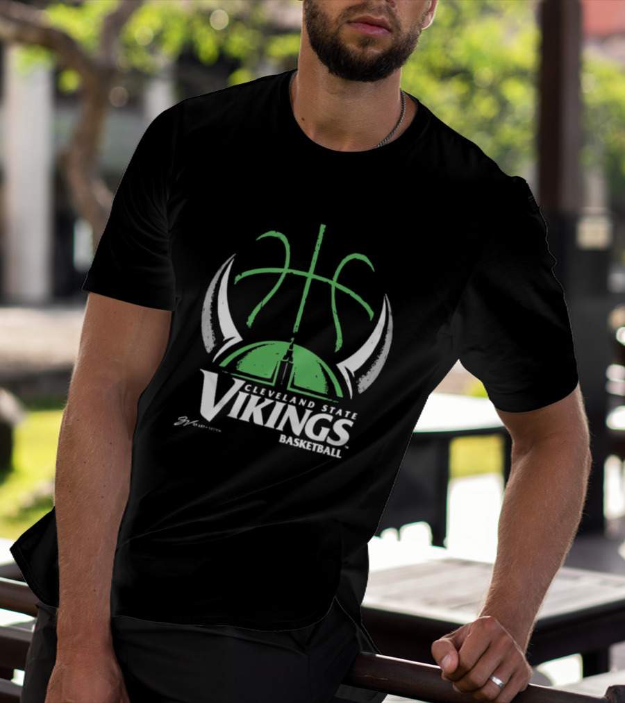 Cleveland State Vikings Basketball Green Viking Helmet Basketball T-Shirt