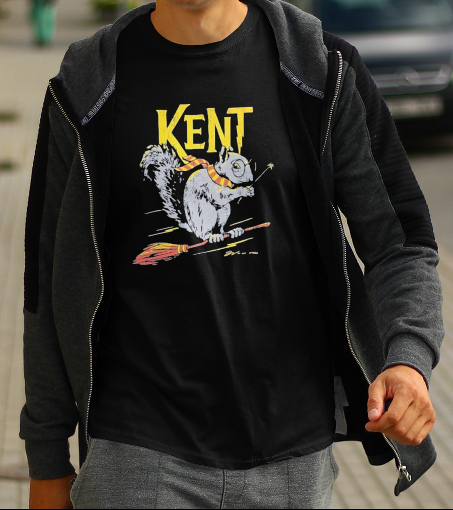Kent Wizardly Squirrel Riding Broomstick With Wand And Scarf T-Shirt