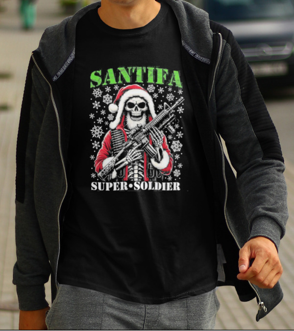 Santifa Super Soldier Skeleton Santa With Snowflakes And Rifle T-Shirt