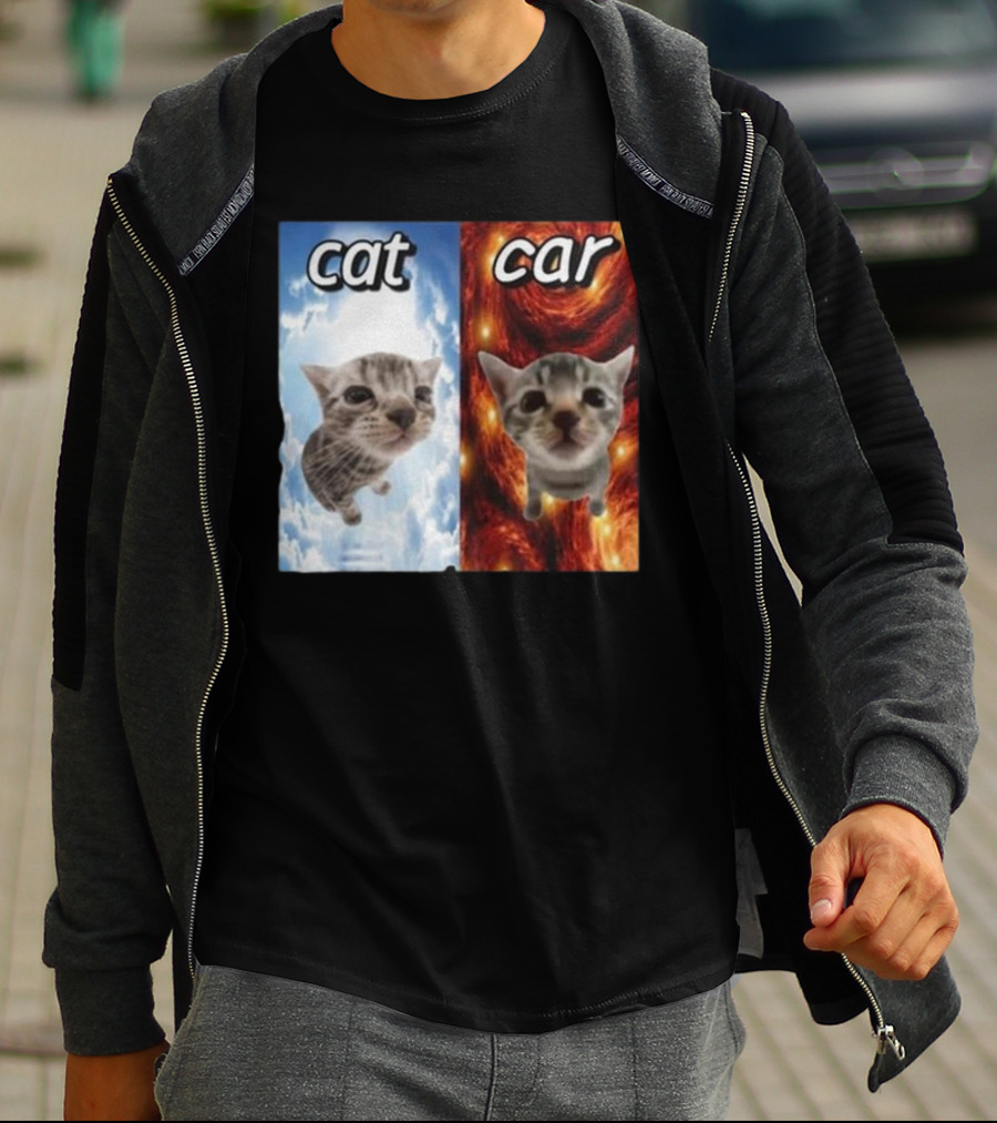 Cat Car Cringey Showdown In Cosmic Clouds And Fiery Vortex T-Shirt