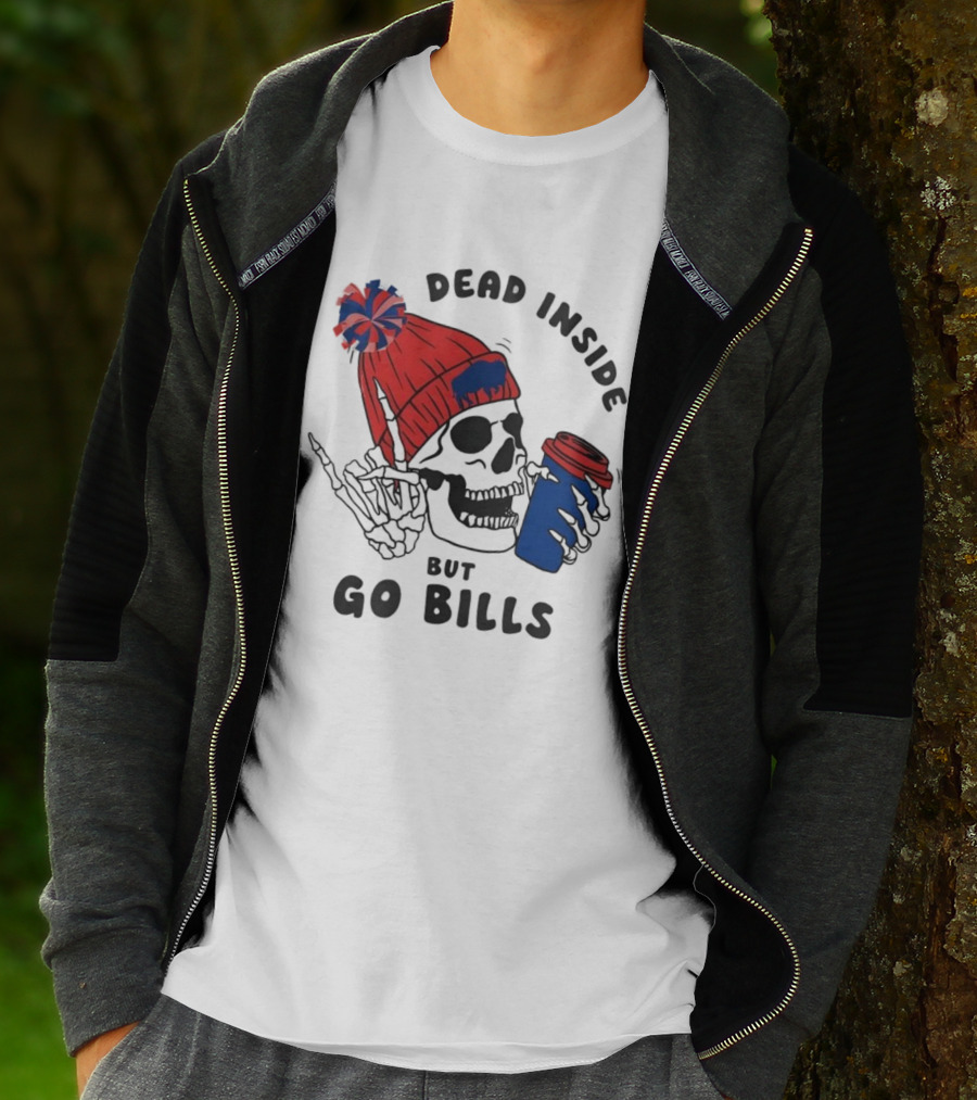 Dead Inside But Go Bills Skull Wearing Red Beanie Drinking Coffee T-Shirt