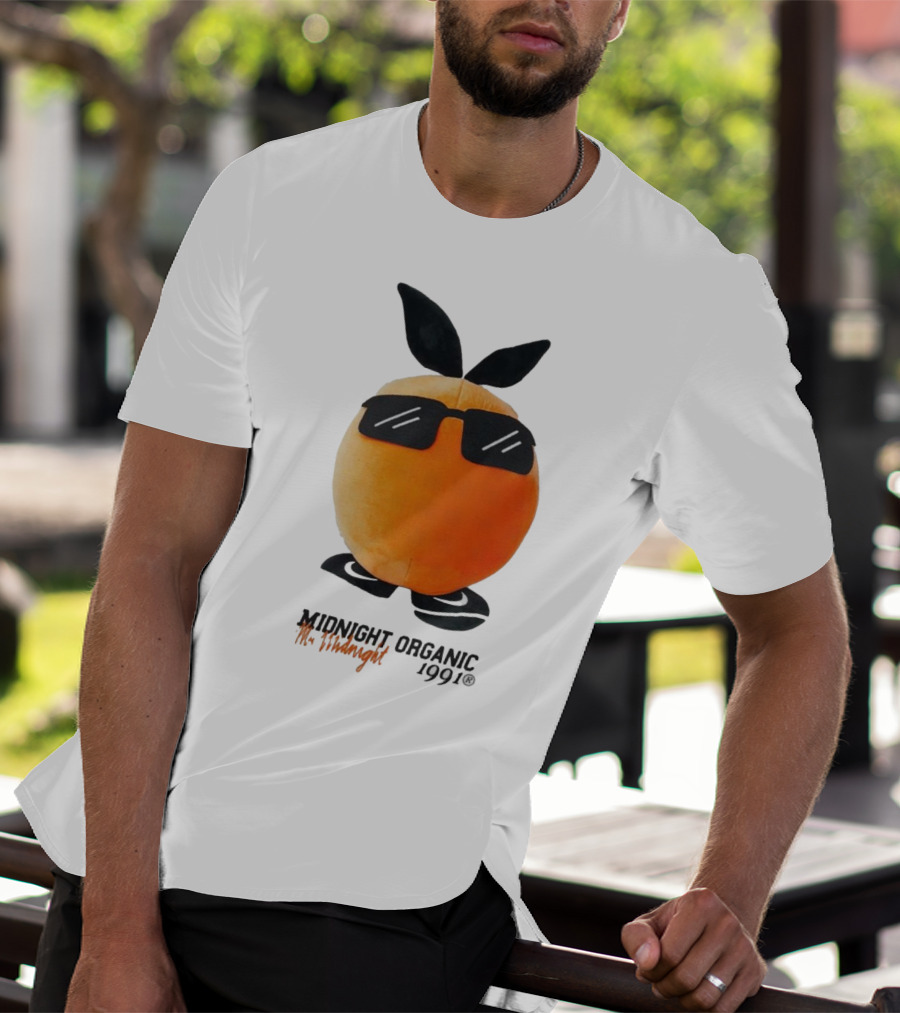 Midnight Organic Mr. Midnight 1991 Orange Character With Sunglasses T-Shirt