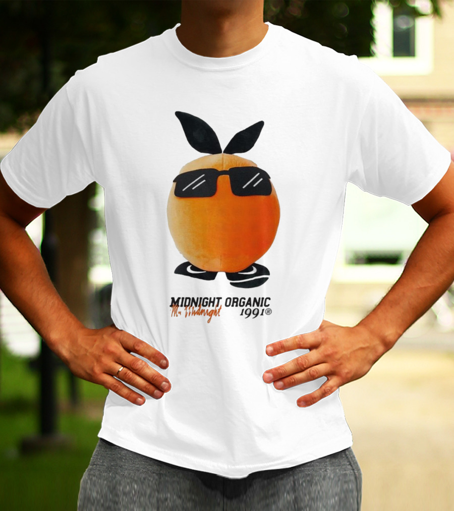 Midnight Organic Mr. Midnight 1991 Orange Character With Sunglasses T-Shirt