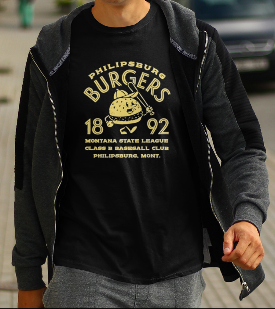 Philipsburg Burgers 1892 Montana State League Class B Baseball Club Philipsburg Mont Burger Bat T-Shirt