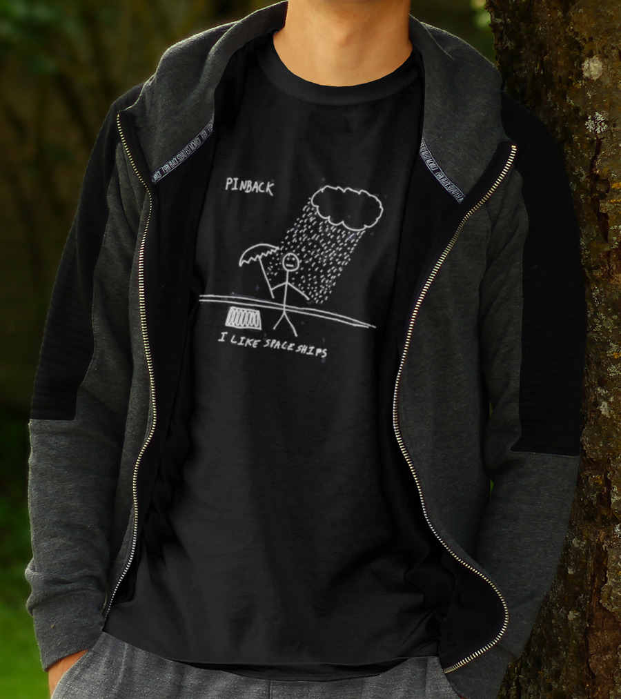 Pinback I Like Spaceships Stick Figure Standing In Rain With Umbrella T-Shirt