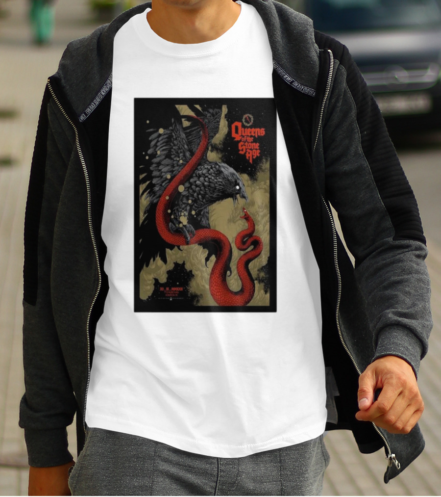 Queens Of The Stone Age R Mederos Art With Red Snake And Black Bird December 9 T-Shirt