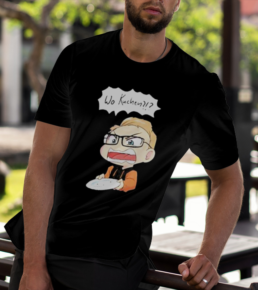 Wo Kuchen?? Cartoon Character With Glasses And Empty Plate T-Shirt