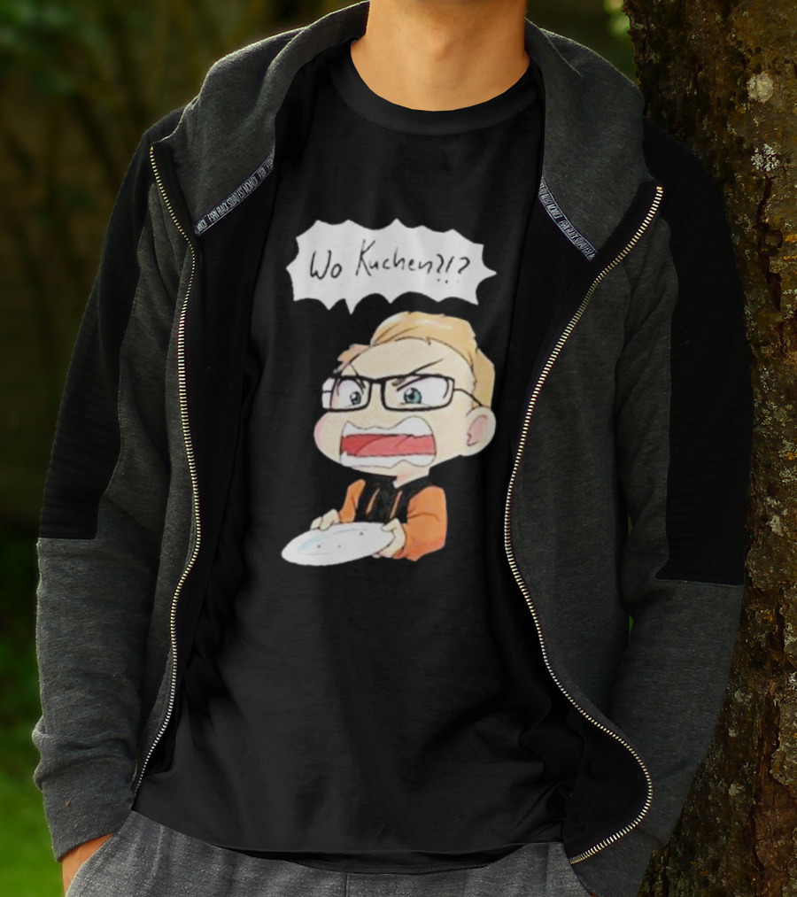 Wo Kuchen?? Cartoon Character With Glasses And Empty Plate T-Shirt