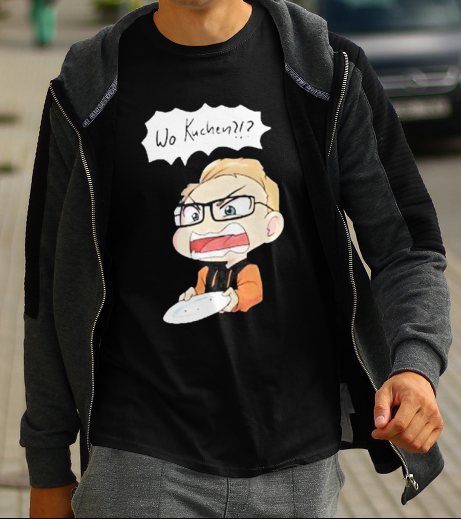 Wo Kuchen?? Cartoon Character With Glasses And Empty Plate T-Shirt