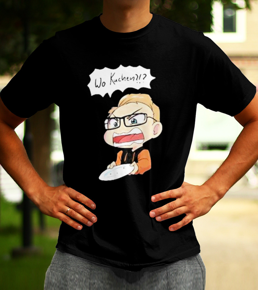 Wo Kuchen?? Cartoon Character With Glasses And Empty Plate T-Shirt