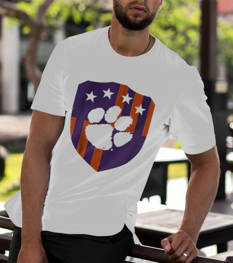 Clemson United Paw Print Shield With Four Stars Orange And Purple T-Shirt