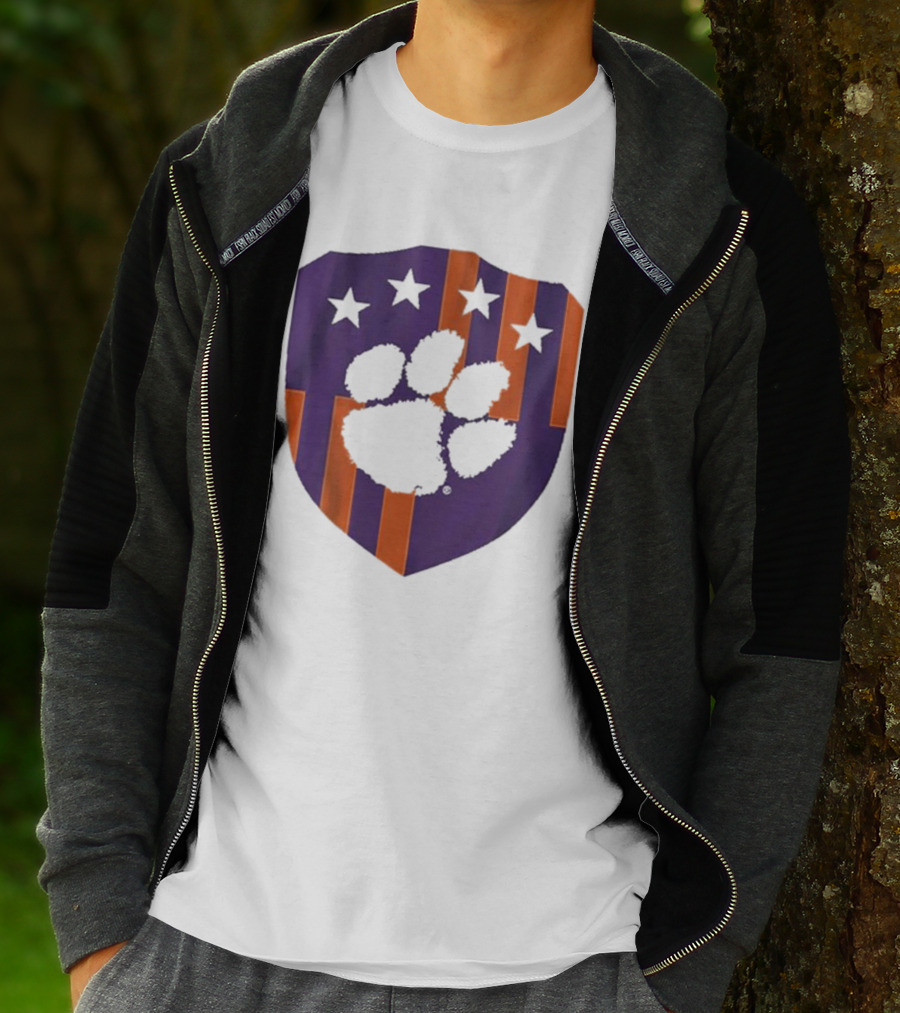 Clemson United Paw Print Shield With Four Stars Orange And Purple T-Shirt